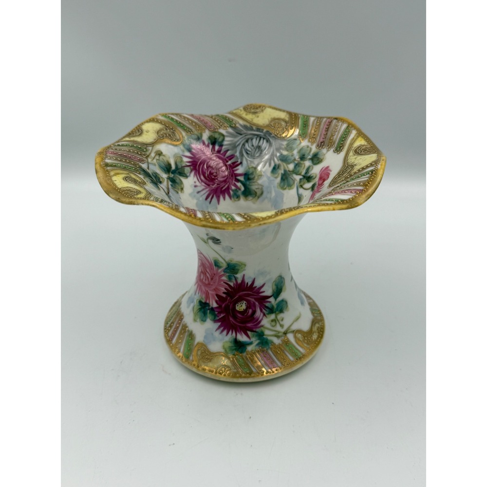 Antique Nippon Hand-Painted Porcelain Ruffled Floral Vase (Circa 1891-1911)